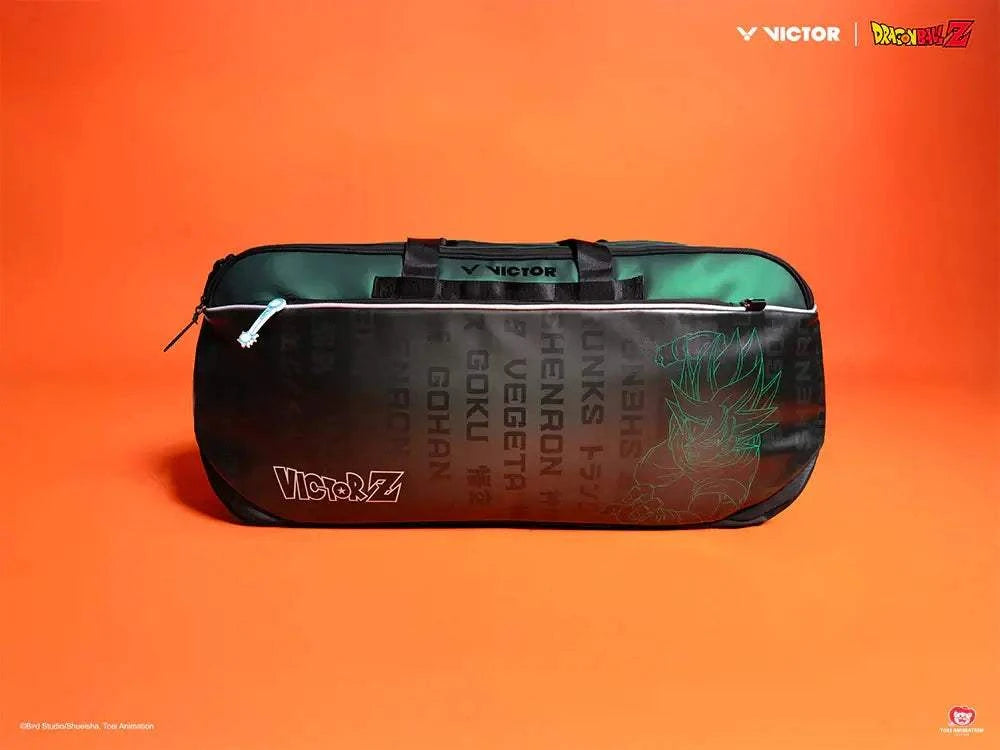 Victor x Dragon Ball Z rectangular racket bag in deep teal and black PU leather, with character graphics and zippered compartments