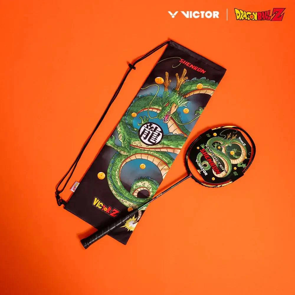 Victor x Dragon Ball Z badminton racket in black with a colorful Shenron dragon design and matching racket cover