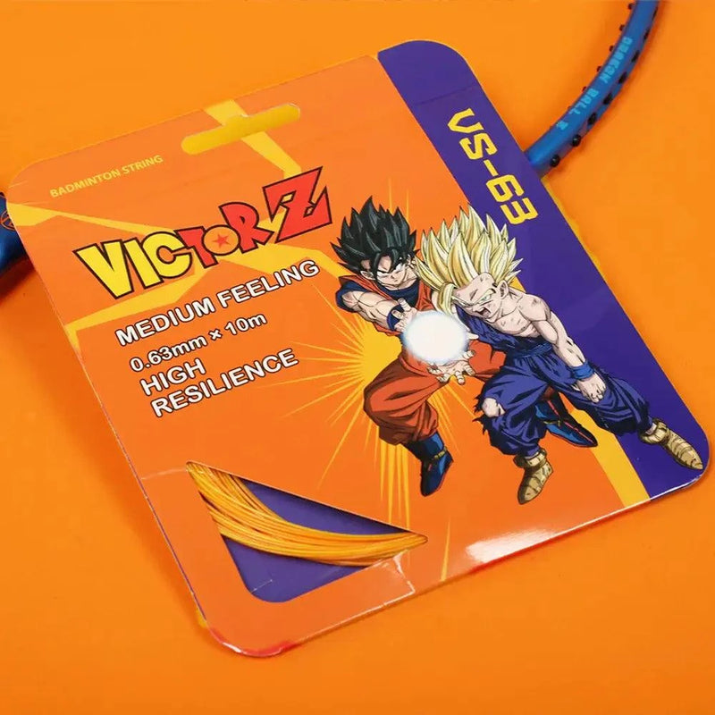 Victor x Dragon Ball Z Strings nylon badminton string in orange and yellow packaging, featuring Dragon Ball Z characters.