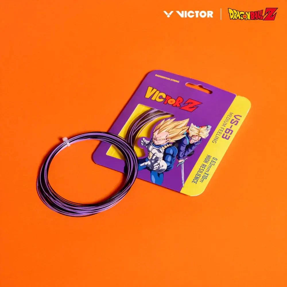 Victor x Dragon Ball Z Strings in dark purple coiled nylon, packaged with purple and yellow Dragon Ball Z character artwork