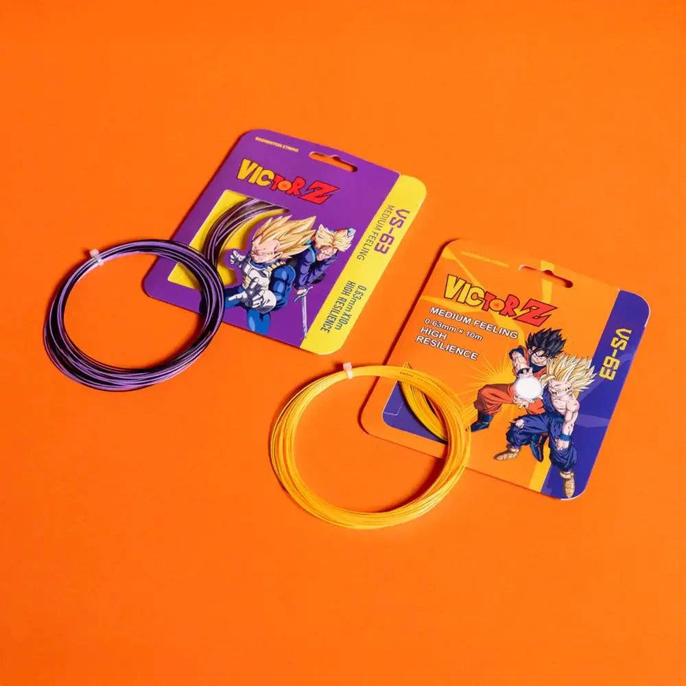 Victor x Dragon Ball Z Strings in purple and neon yellow-orange nylon coils, packaged with colorful anime character artwork