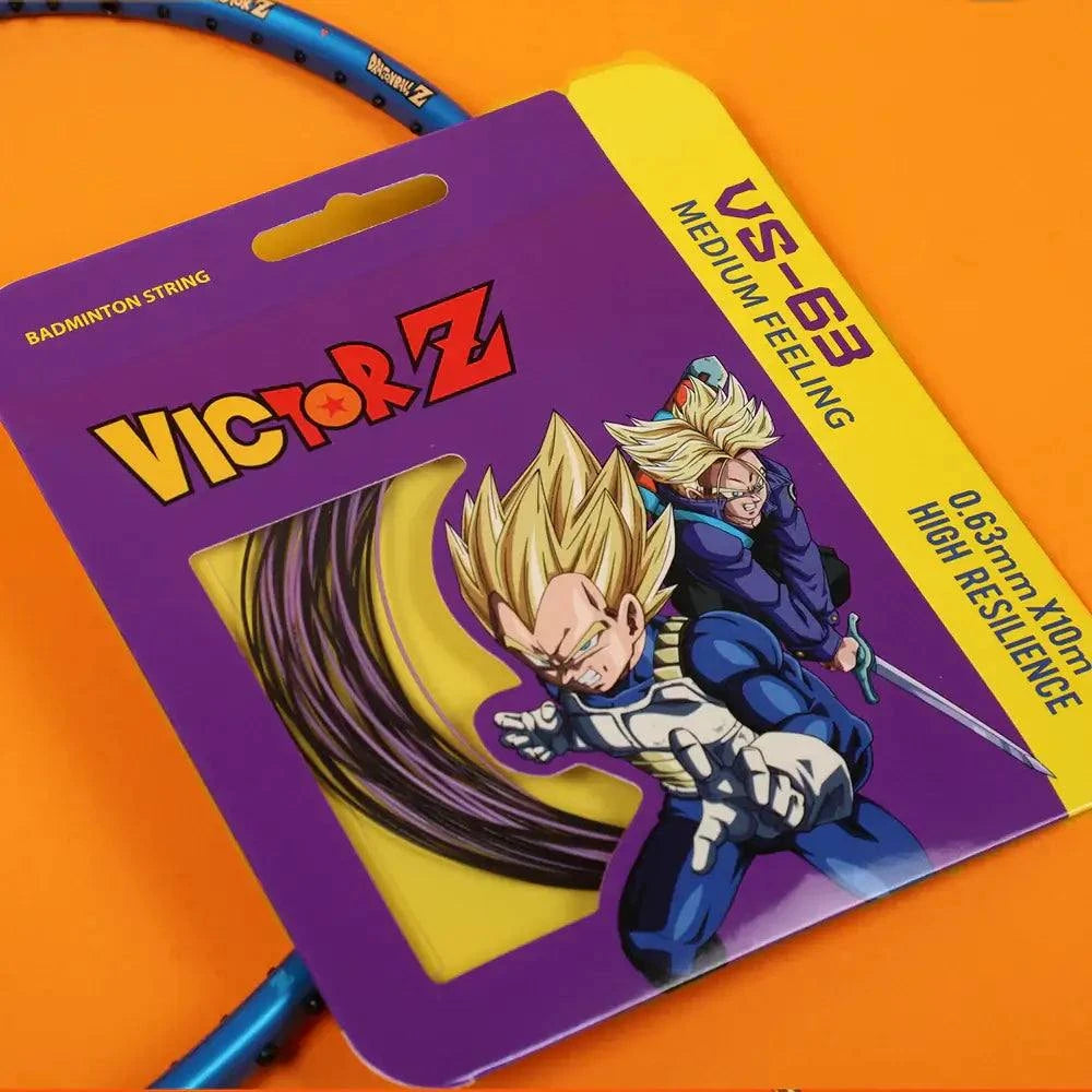 Victor x Dragon Ball Z Strings V in purple and yellow packaging, featuring illustrated Super Saiyan characters and blue string