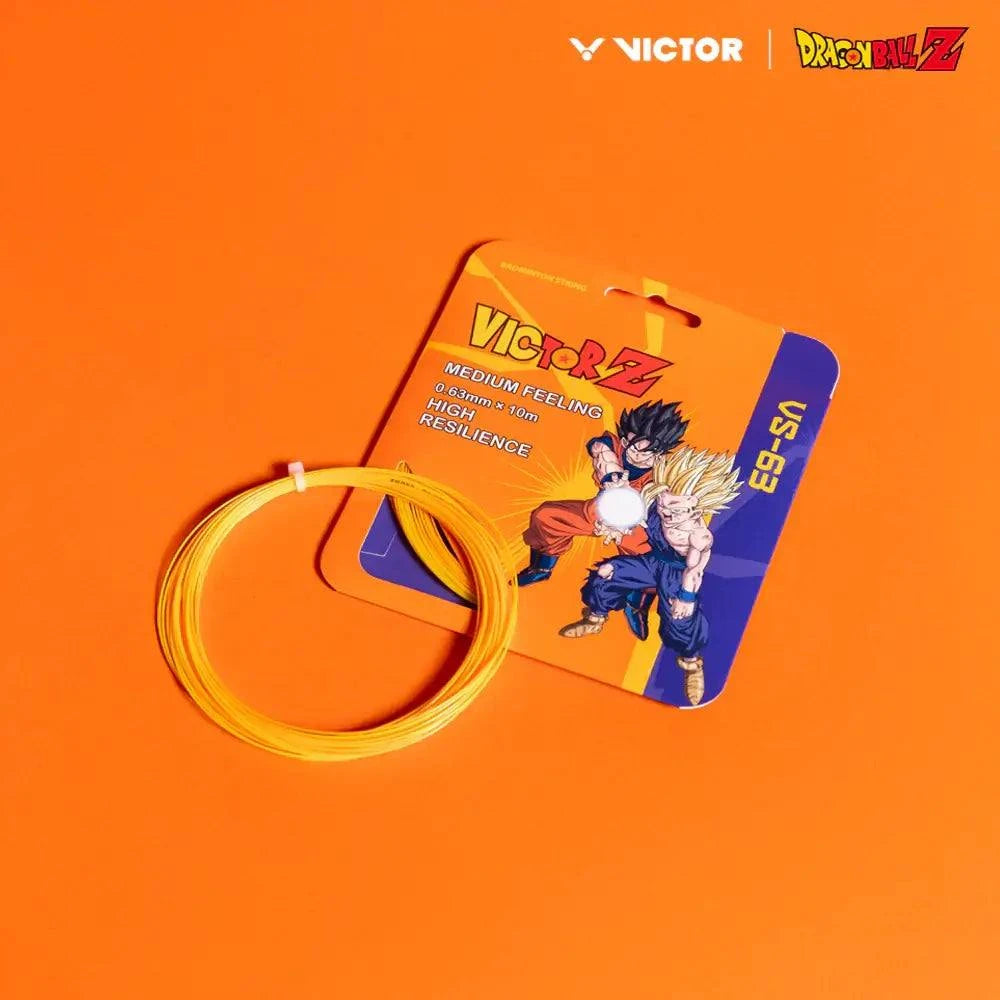 Victor x Dragon Ball Z Strings, bright yellow-orange nylon badminton string with coiled line and anime character packaging