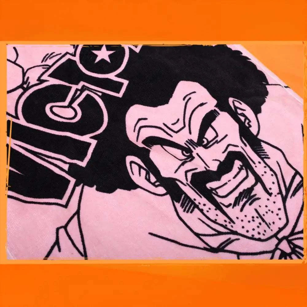 Victor x Dragon Ball Z Towel in pink and black cotton, featuring a bold illustrated portrait of Mr. Satan