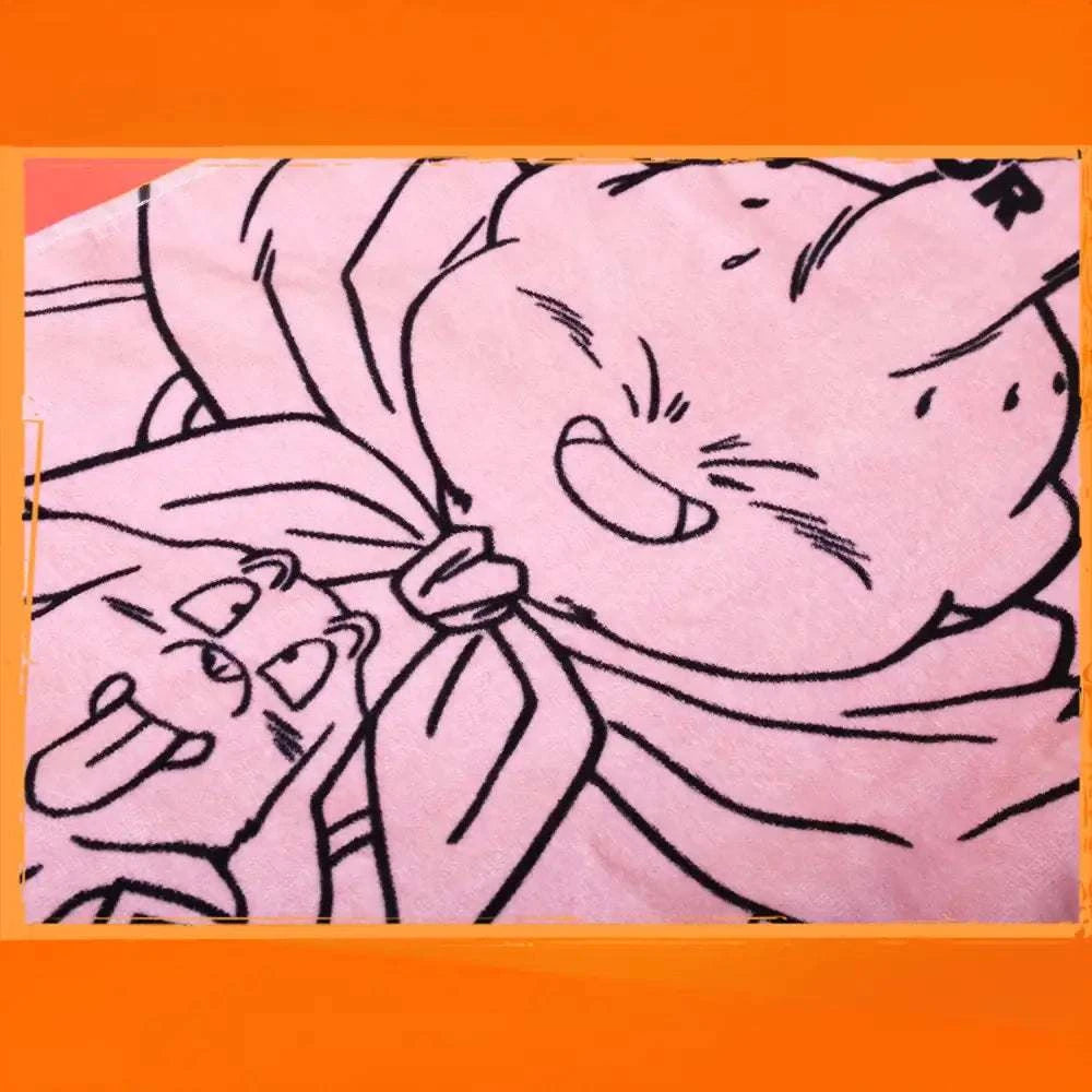 Victor x Dragon Ball Z Towel in pink cotton with black line-art character graphics and a smiling anime figure