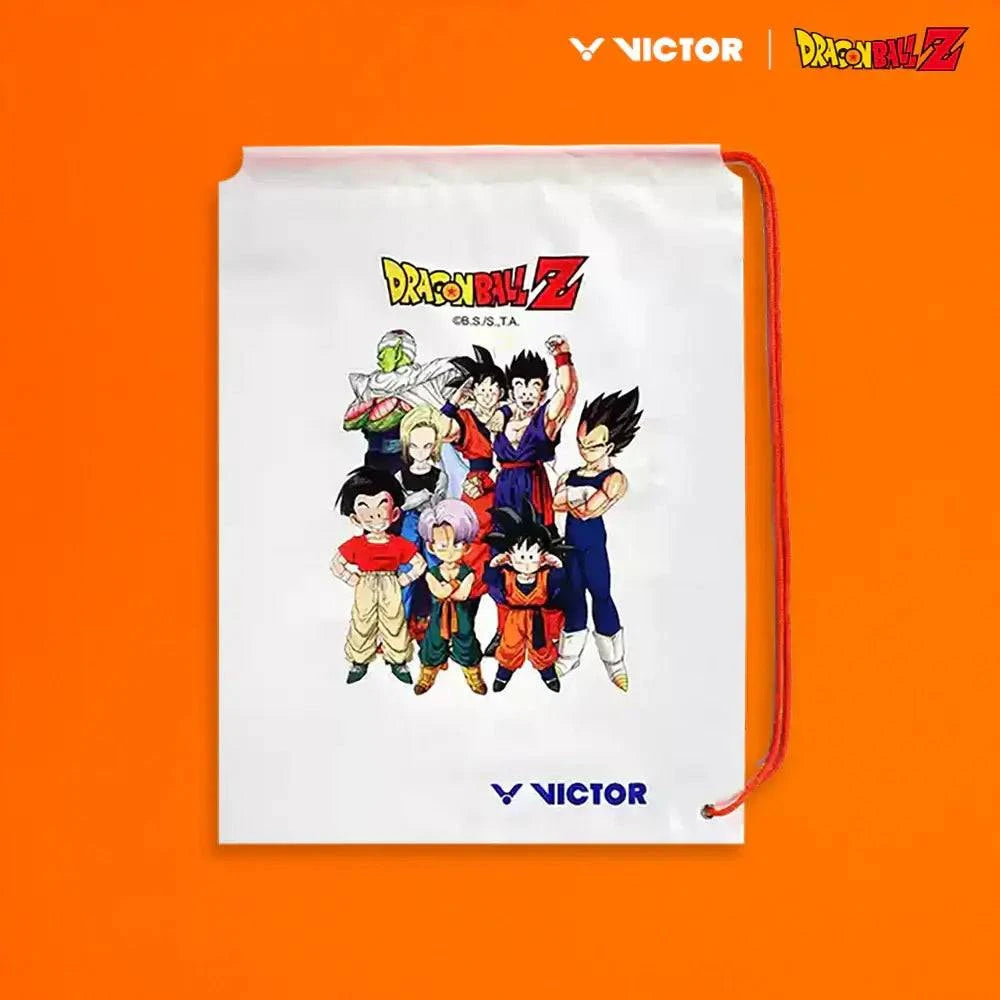 Victor x Dragon Ball Z drawstring bag in white polyethylene with colorful character artwork and red cords