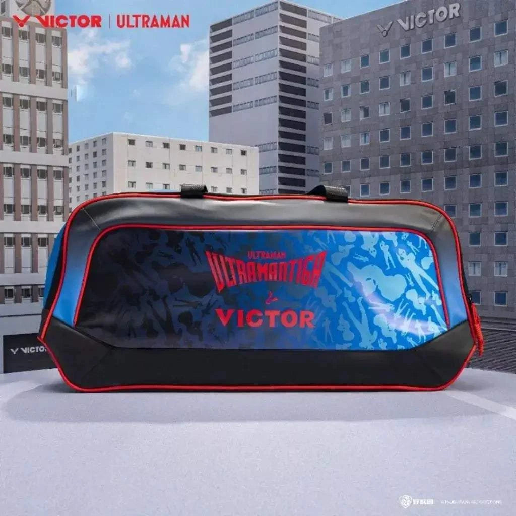 VICTOR X ULTRAMAN Collection rectangular racket bag in black and bright blue with red piping and graphic print