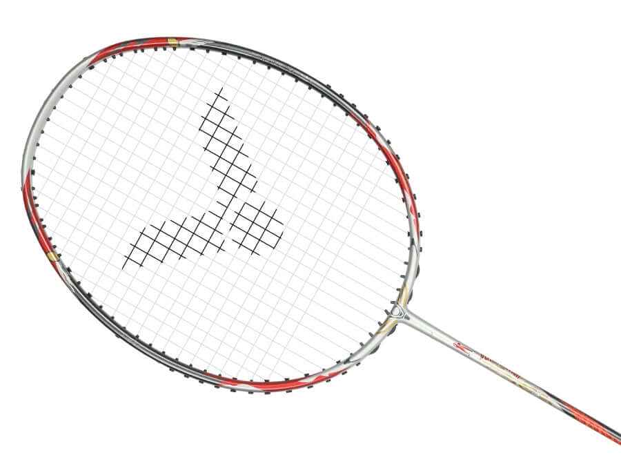 VICTOR X ULTRAMAN Collection badminton racket with a silver frame, white strings, red accents and dark detailing