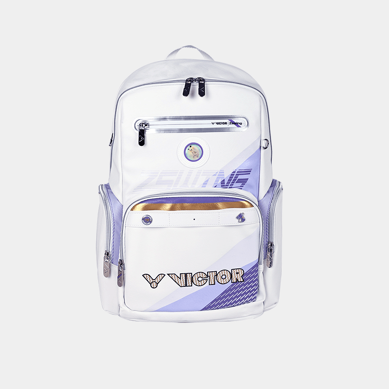 Victor ZSW backpack in white PU composite and polyester with pastel lilac diagonal accents, multiple zip pockets and VICTOR logo