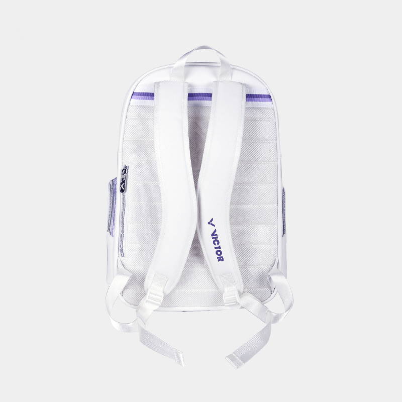 Victor ZSW backpack in white textured fabric with pastel lilac trim, padded shoulder straps and adjustable buckles