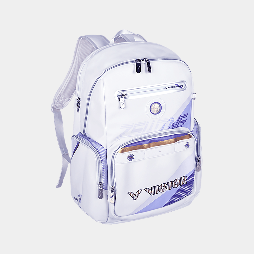 Victor ZSW backpack in white with pastel lilac trim, multiple zip pockets, and bold VICTOR lettering