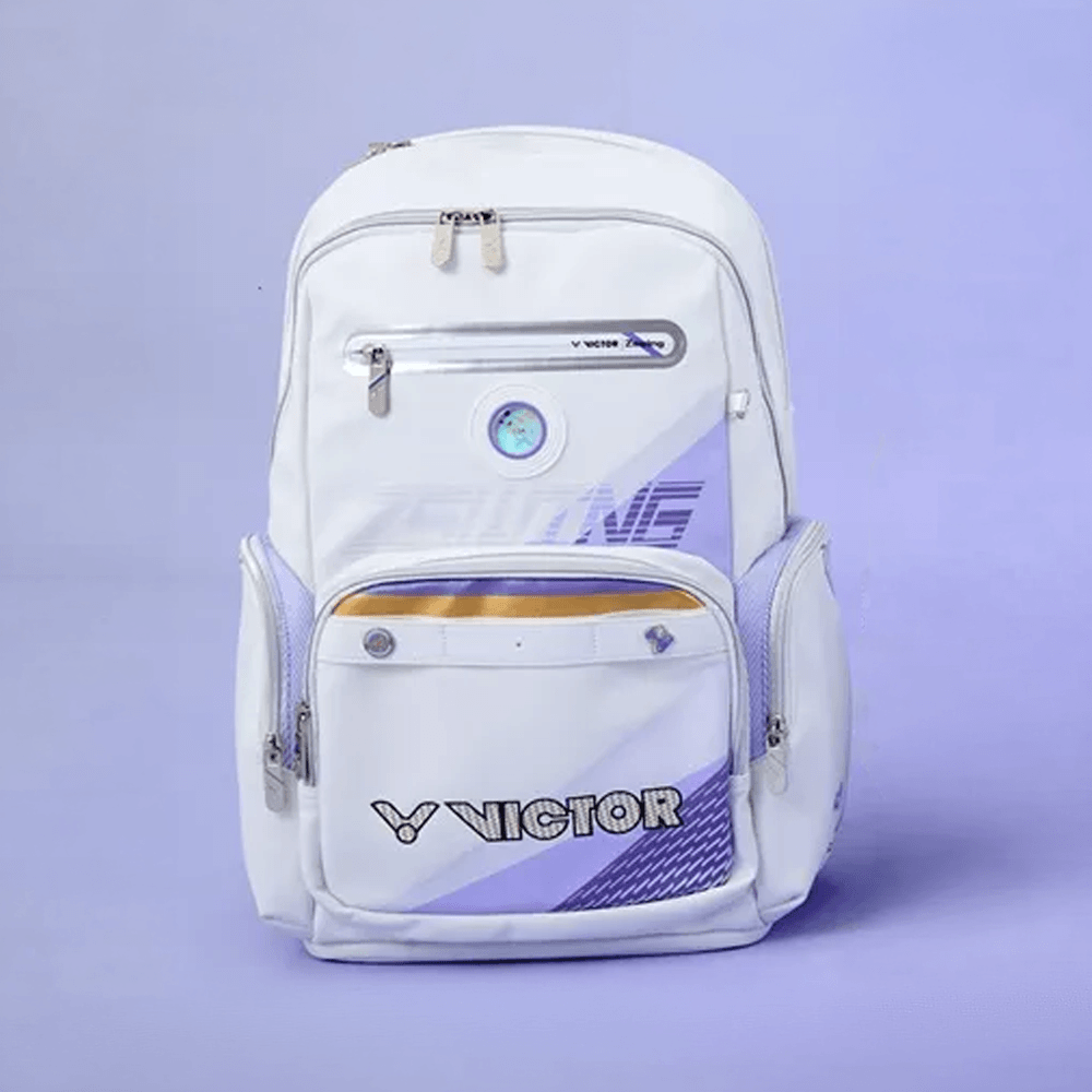 Victor ZSW backpack in white with pastel lilac panels, multiple zip pockets, side compartments and Victor logo
