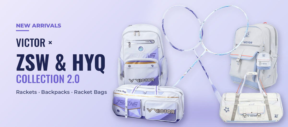 Victor x ZSW and HYQ Collection 2.0 rackets, backpacks and racket bags in white and pastel lilac
