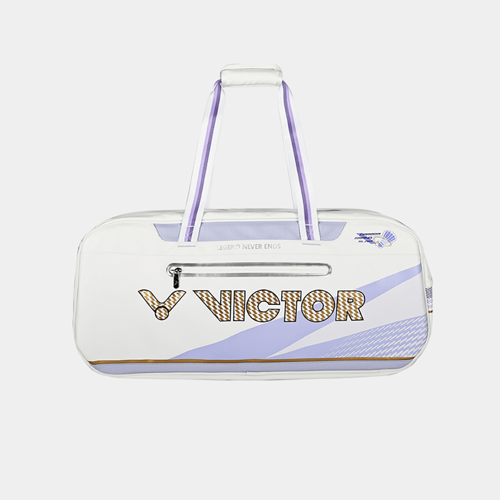 Victor ZSW racket bag in white PU composite and polyester, with lavender geometric accents, gold lettering and dual handles