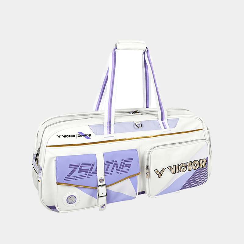 Victor ZSW racket bag in white PU composite with lavender and gold accents, rectangular shape and front pockets