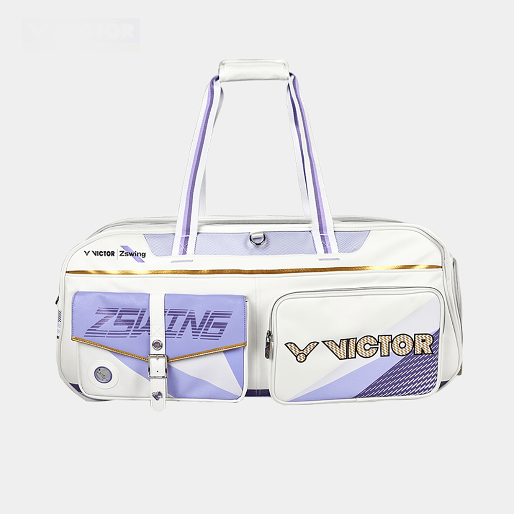 Victor ZSW racket bag, white rectangular PU and polyester carry bag with lavender panels, gold trim and front pockets