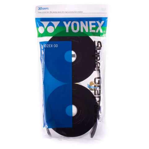 Yonex AC102 Super Grap overgrip pack with black grips in clear packaging, labeled as a 30-grip set