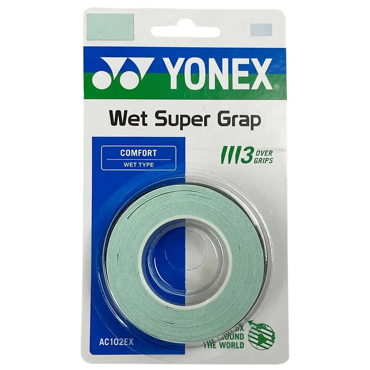 Yonex AC102 Super Grap overgrip in pale mint green, with a tacky wet-type finish and three grips per pack.