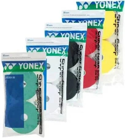 Yonex AC102 Super Grap overgrip packs in turquoise, white, black, red and yellow, each showing 30 grips