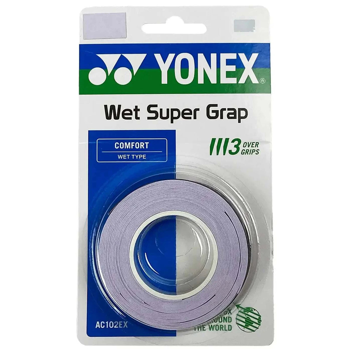 Yonex AC102 Super Grap polyurethane overgrip in pale lavender, wound in a roll and packaged as a three-grip pack