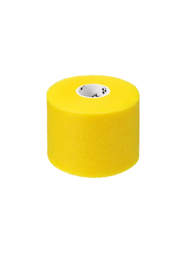 Yonex AC381 Cushion Wrap in bright yellow polyurethane, shown as a thick roll with a white printed cardboard core.