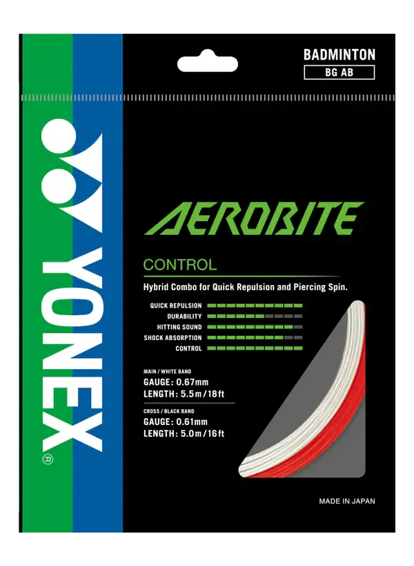 Yonex Aerobite Badminton String in a black Yonex package, with green and blue branding and a white and red hybrid string sample