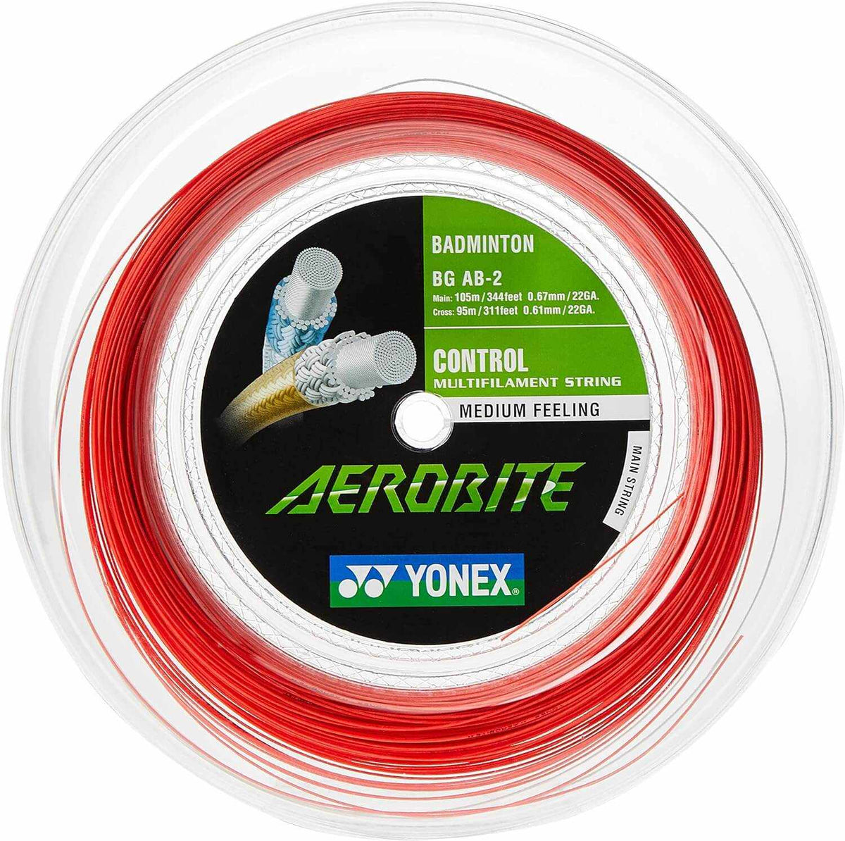 Yonex Aerobite Badminton String in a red and white hybrid reel with braided multifilament string and branded center label