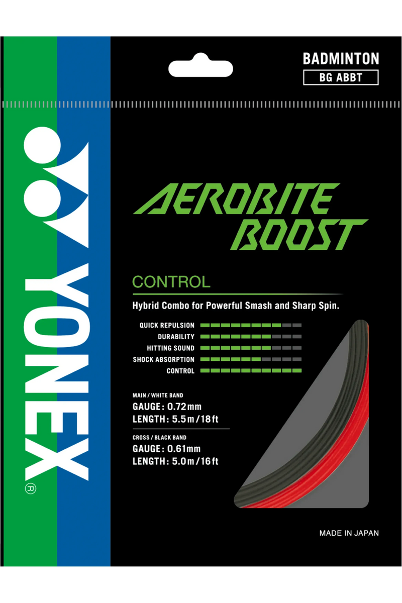 Yonex Aerobite Boost Badminton String in black and red, with a coiled two-colour hybrid string and branded packaging.