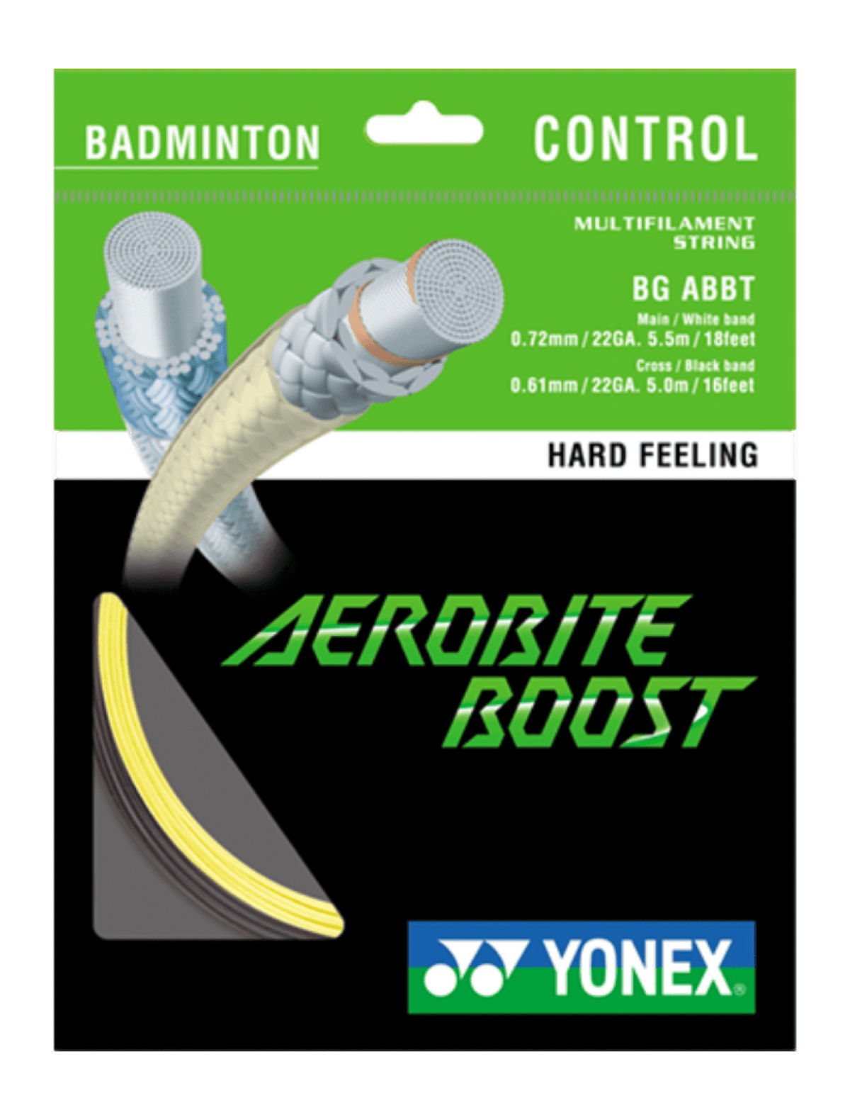 Yonex Aerobite Boost Badminton String in a green and black Yonex package, with yellow and gray hybrid strings displayed