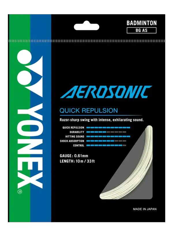 Yonex Aerosonic Badminton String in a black and blue Yonex package, with a visible coil of white string and 0.61 mm gauge