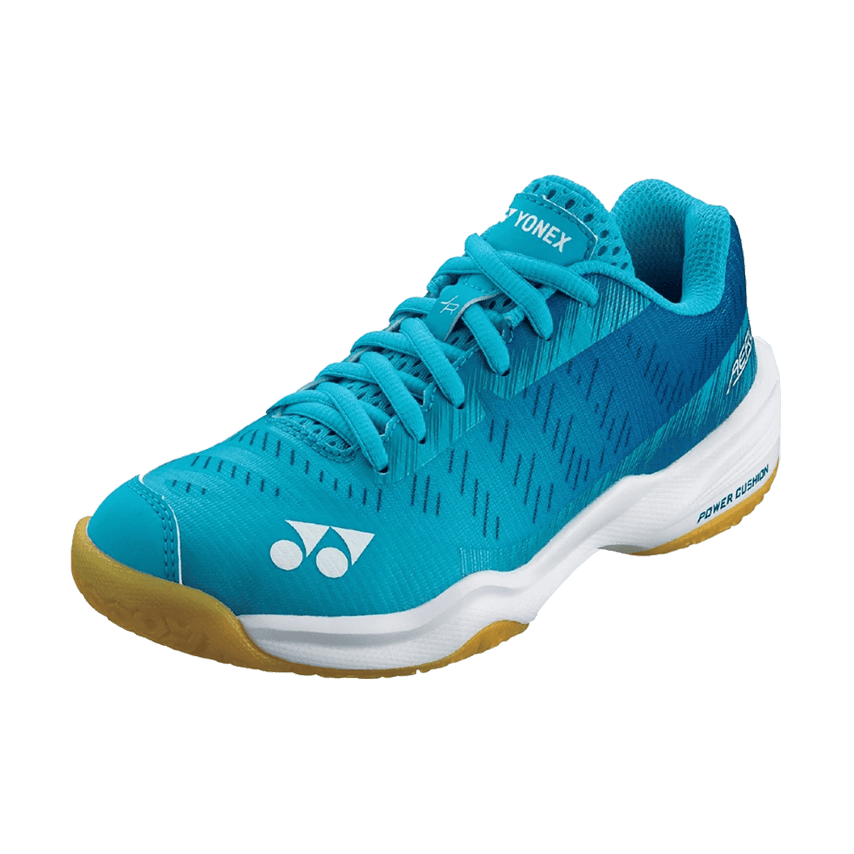 Yonex Aerus Junior Badminton Shoes in bright turquoise mesh with a white midsole, gold outsole and lace-up design