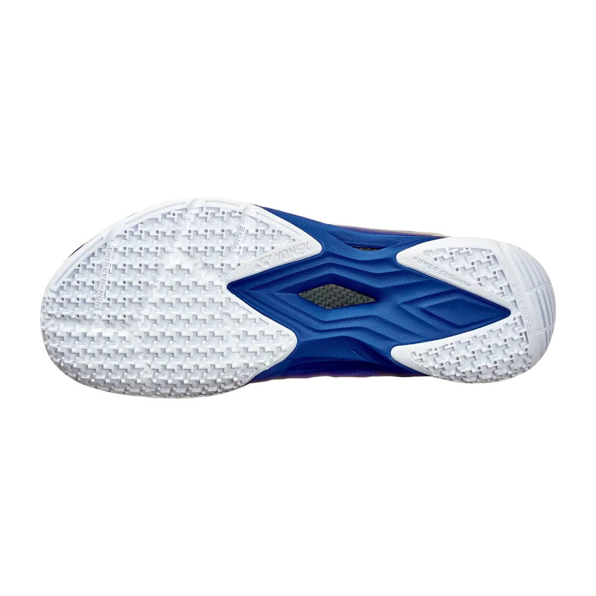 Yonex Aerus Z2 badminton shoe outsole with a white textured rubber sole, navy blue midfoot plate and patterned traction zones.