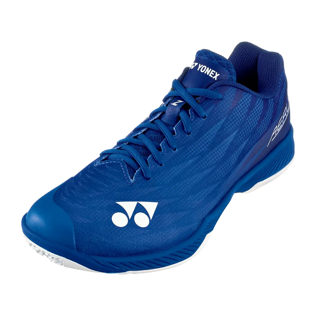 Yonex Aerus Z2 badminton shoe in blue synthetic material with tonal mesh pattern, white logo, and textured rubber sole