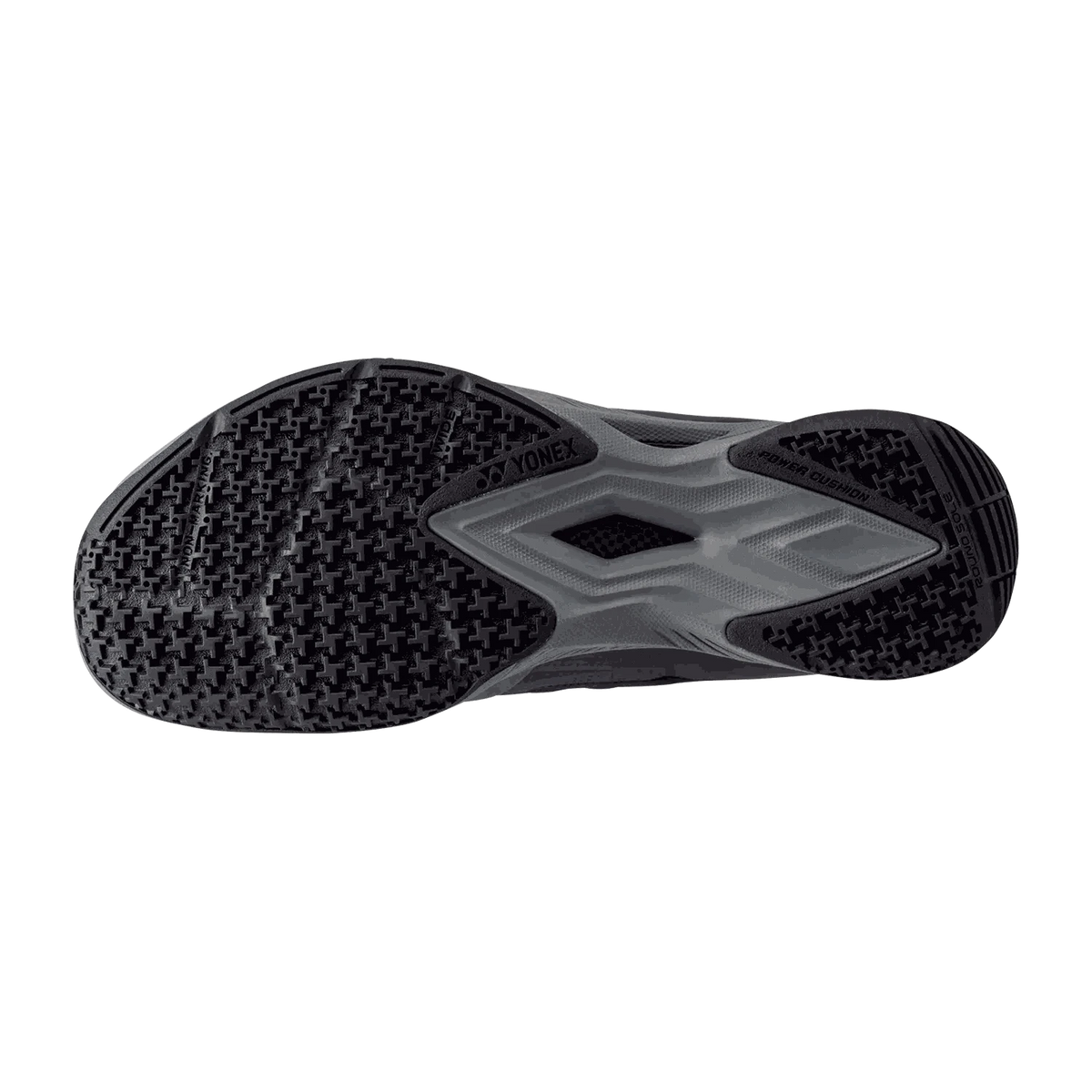 Yonex Aerus Z2 badminton shoe outsole in dark gray and black with textured traction pattern and central support plate