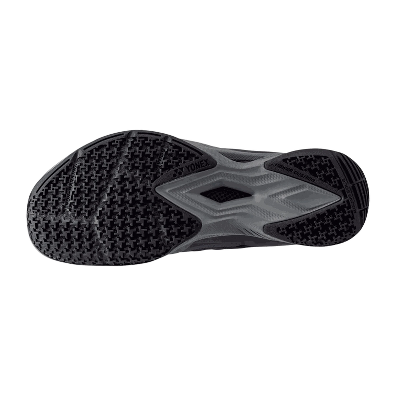 Yonex Aerus Z2 badminton shoe outsole in dark gray and black with textured traction pattern and central support plate