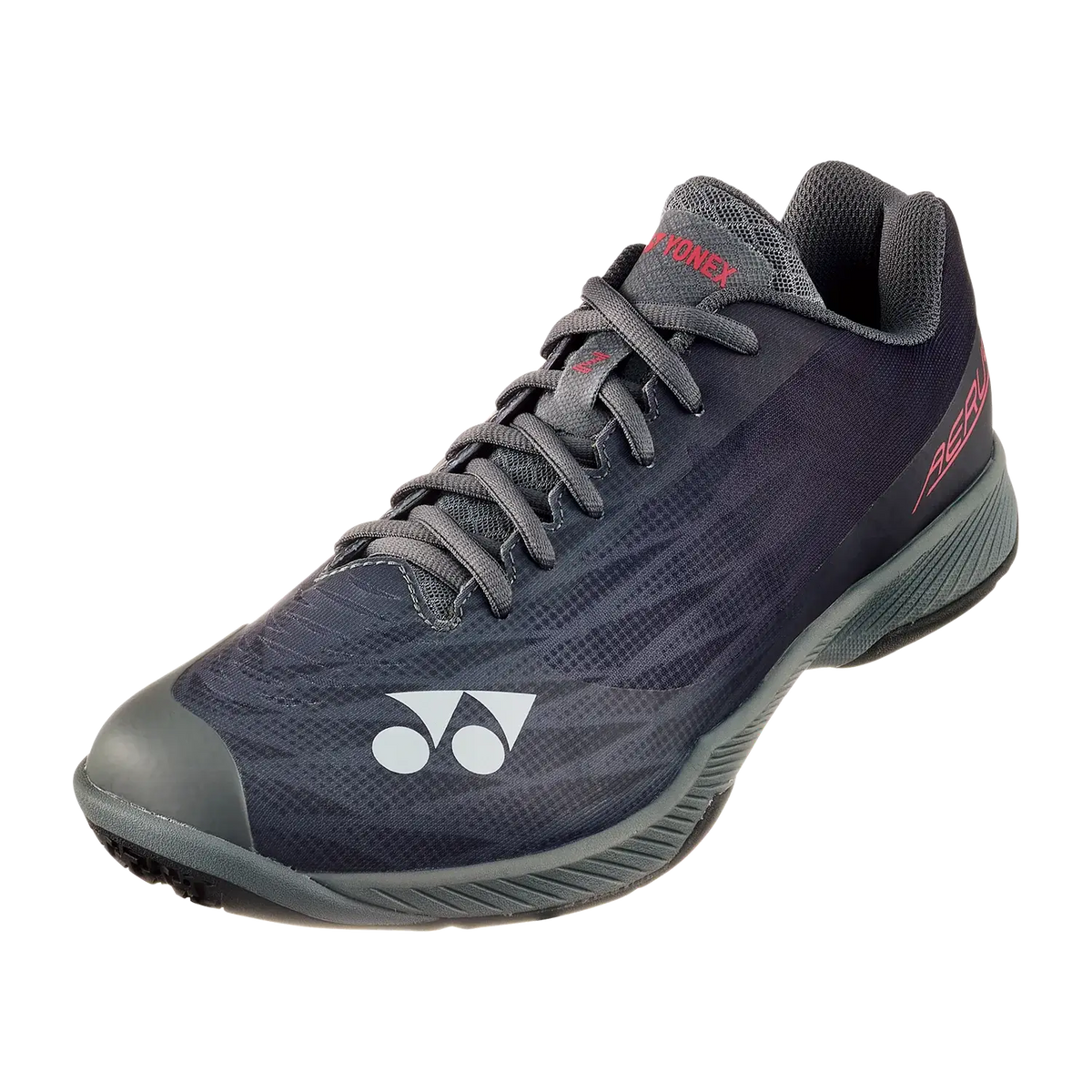 Yonex Aerus Z2 badminton shoe in dark gray synthetic material with subtle patterned mesh, red accents and supportive sole
