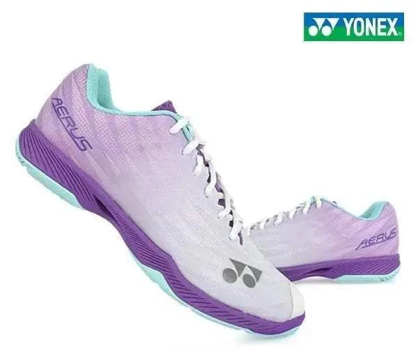 Yonex Aerus Z2 badminton shoes in pale lavender with white laces, mint lining, purple accents and textured soles