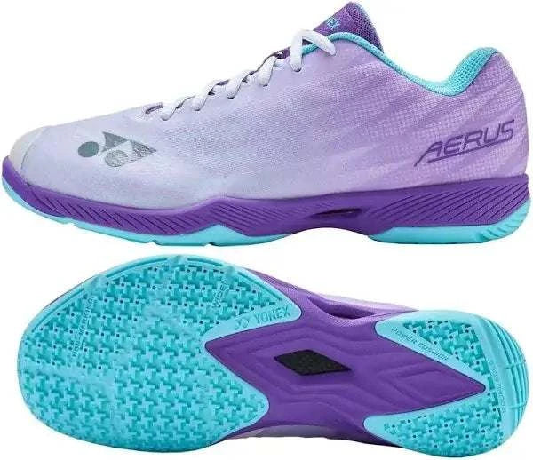 Yonex Aerus Z2 badminton shoe in pale lavender synthetic material with turquoise accents, purple sole and textured tread