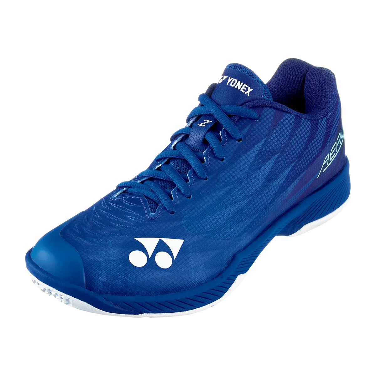 Yonex Aerus Z2 LX badminton shoe in navy blue synthetic mesh with tonal pattern, white logo and blue rubber sole