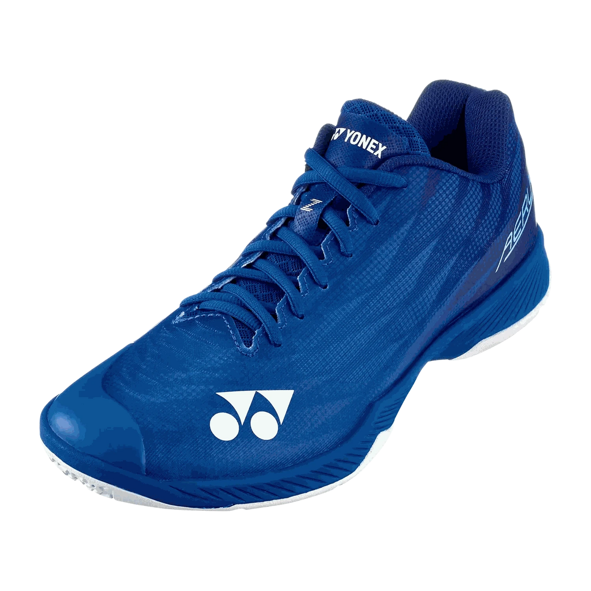Yonex Aerus Z2 MX badminton shoe in navy blue synthetic material, with tonal geometric panels, blue laces and white logo