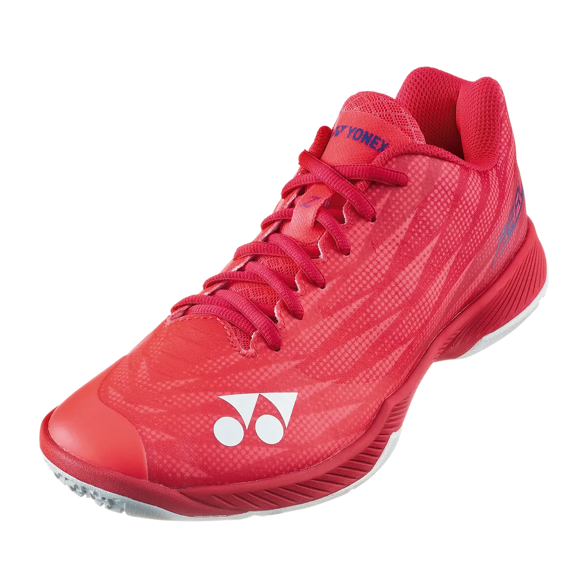 Yonex Aerus Z2 MX badminton shoe in ruby red synthetic material, with tonal textured pattern, white logo and red sole