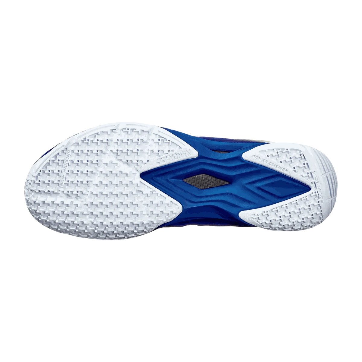 Yonex Aerus Z2 MX badminton shoe outsole in white and navy blue, with textured rubber tread and a blue midfoot support plate
