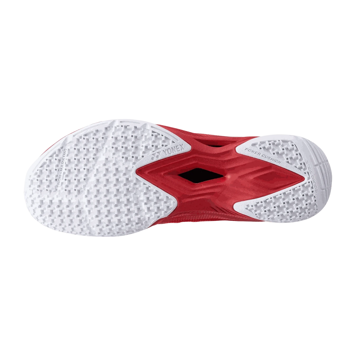 Yonex Aerus Z2 MX badminton shoe outsole in white rubber with a ruby red midfoot shank and textured traction pattern