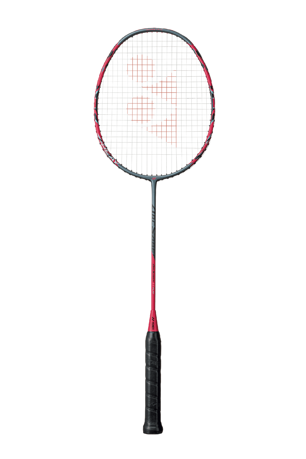 Yonex ArcSaber 11 Play badminton racket with a red, black and silver frame, white string bed and black grip