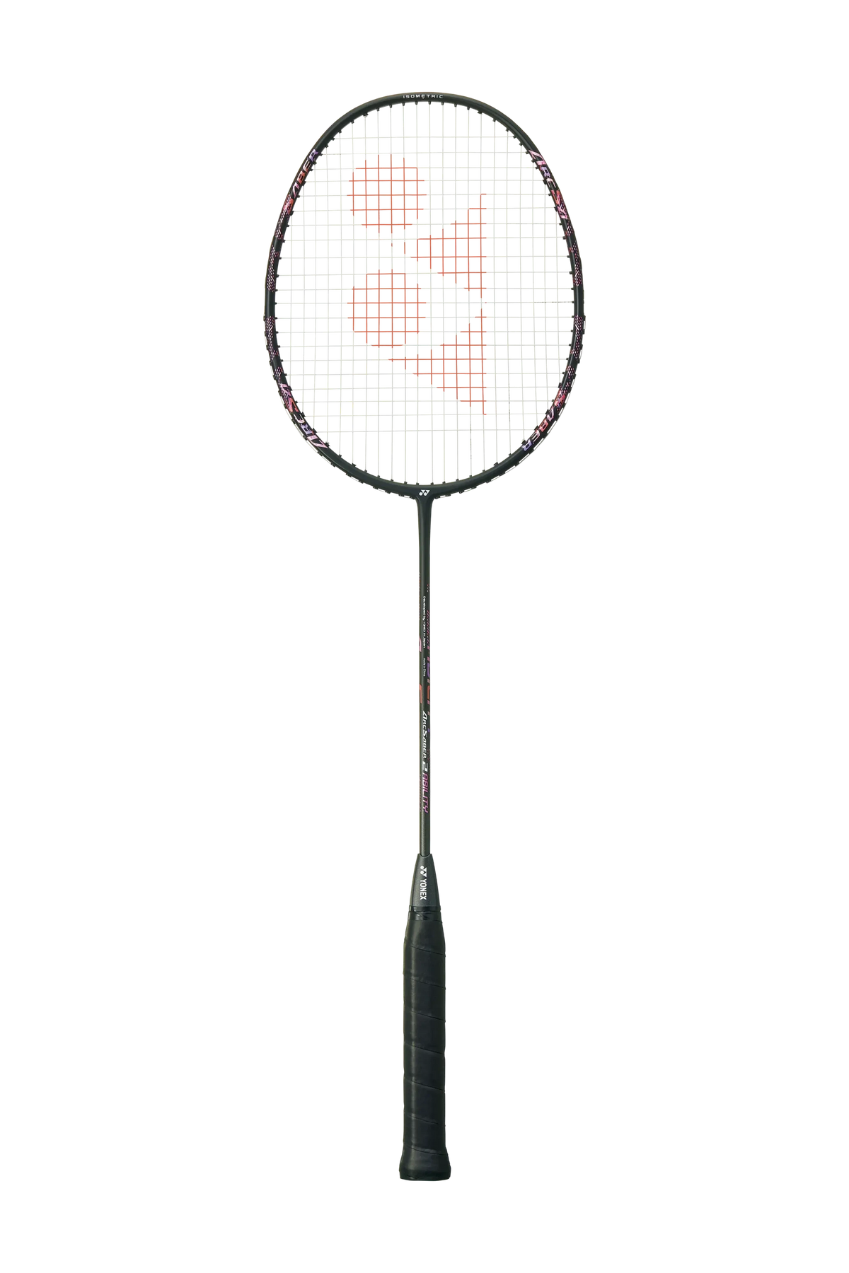 Yonex ArcSaber 2 Ability Badminton Racket with a white string bed, orange geometric graphics, and dark slim shaft