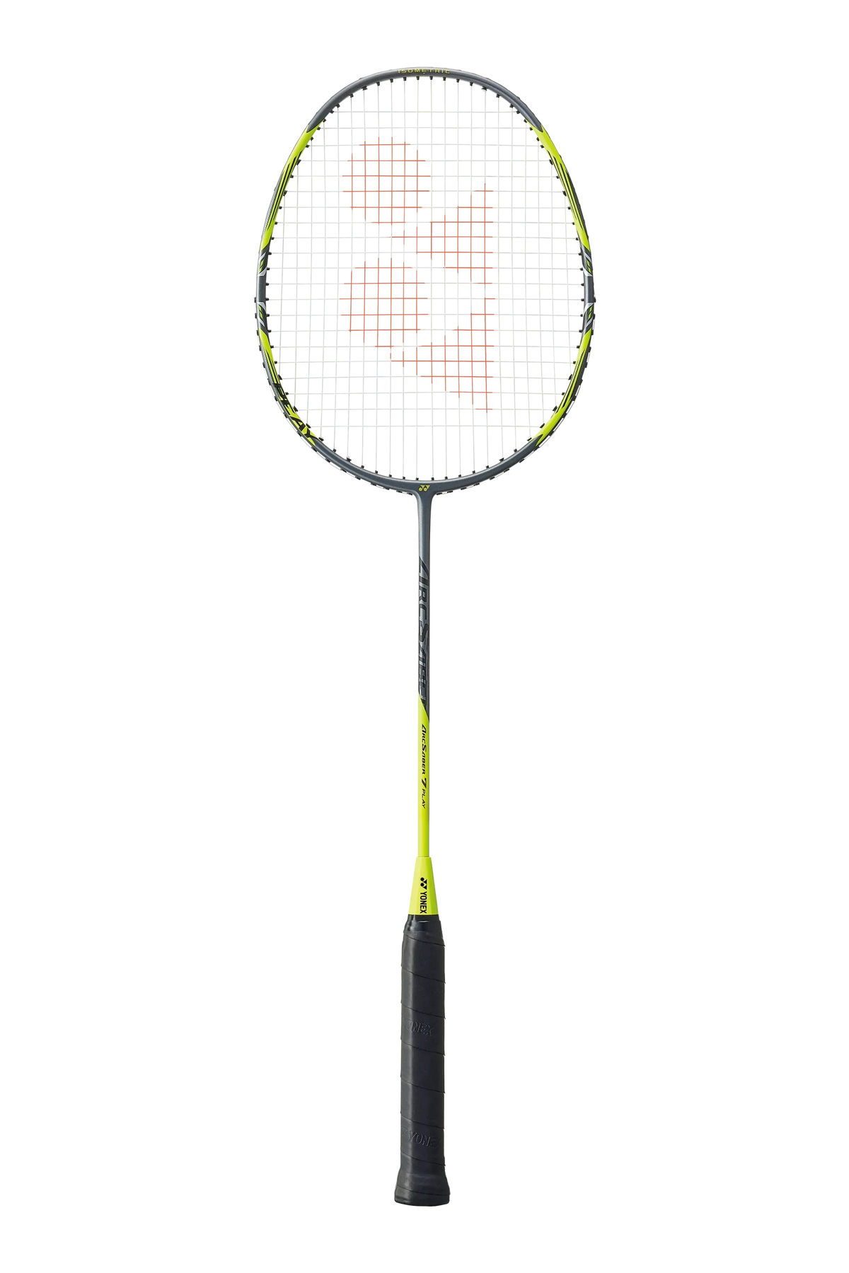 Yonex ArcSaber 7 Play badminton racket with a white string bed, orange graphics, lime-yellow shaft accents, and black grip