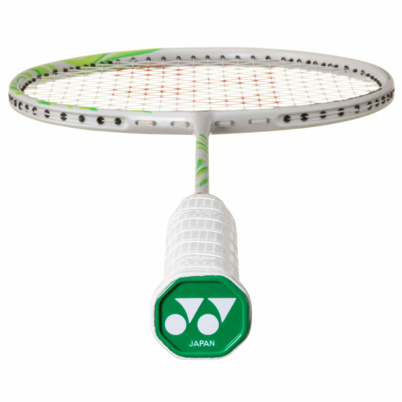 Yonex Astrox 100ZZ VA badminton racket with a silver frame, white strings, green accents and signature end cap