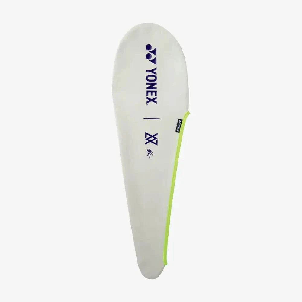 Yonex Astrox 100ZZ VA racket cover in pale silver with purple Yonex branding and a bright lime green edge