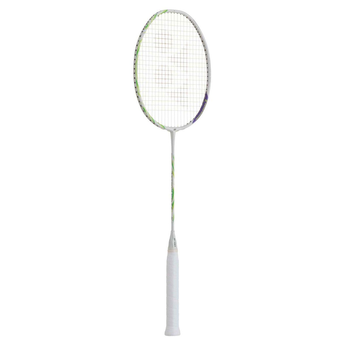 Yonex Astrox 100ZZ VA badminton racket with a white frame and grip, fine string mesh, and green and purple accents