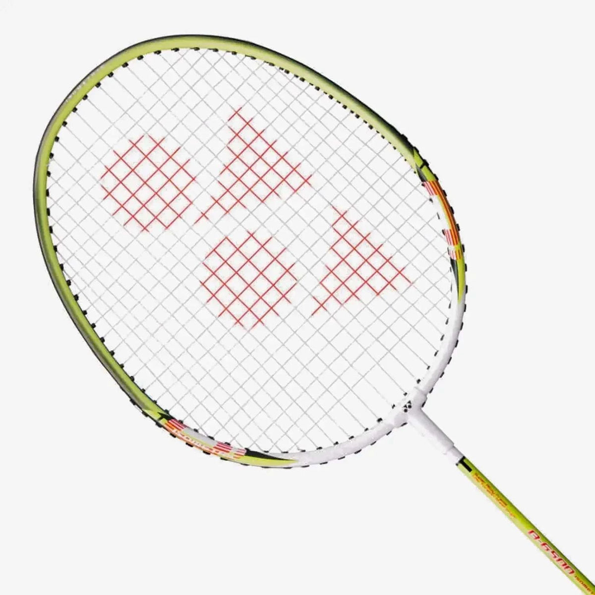 Yonex B6500 I badminton racket with a white and lime frame, pre-strung mesh and isometric head shape